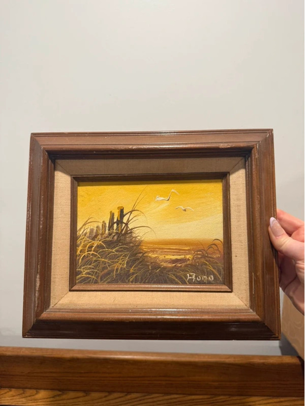 Vintage Sunset Coastal Seascape Painting Dunes Birds Wood Frame